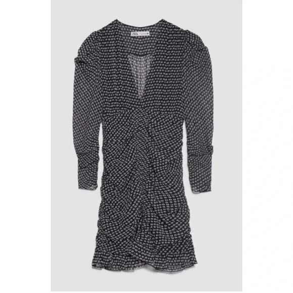 ZARA Black and Cream Patterned Ruched Mini Dress Size Medium - Picture 2 of 9